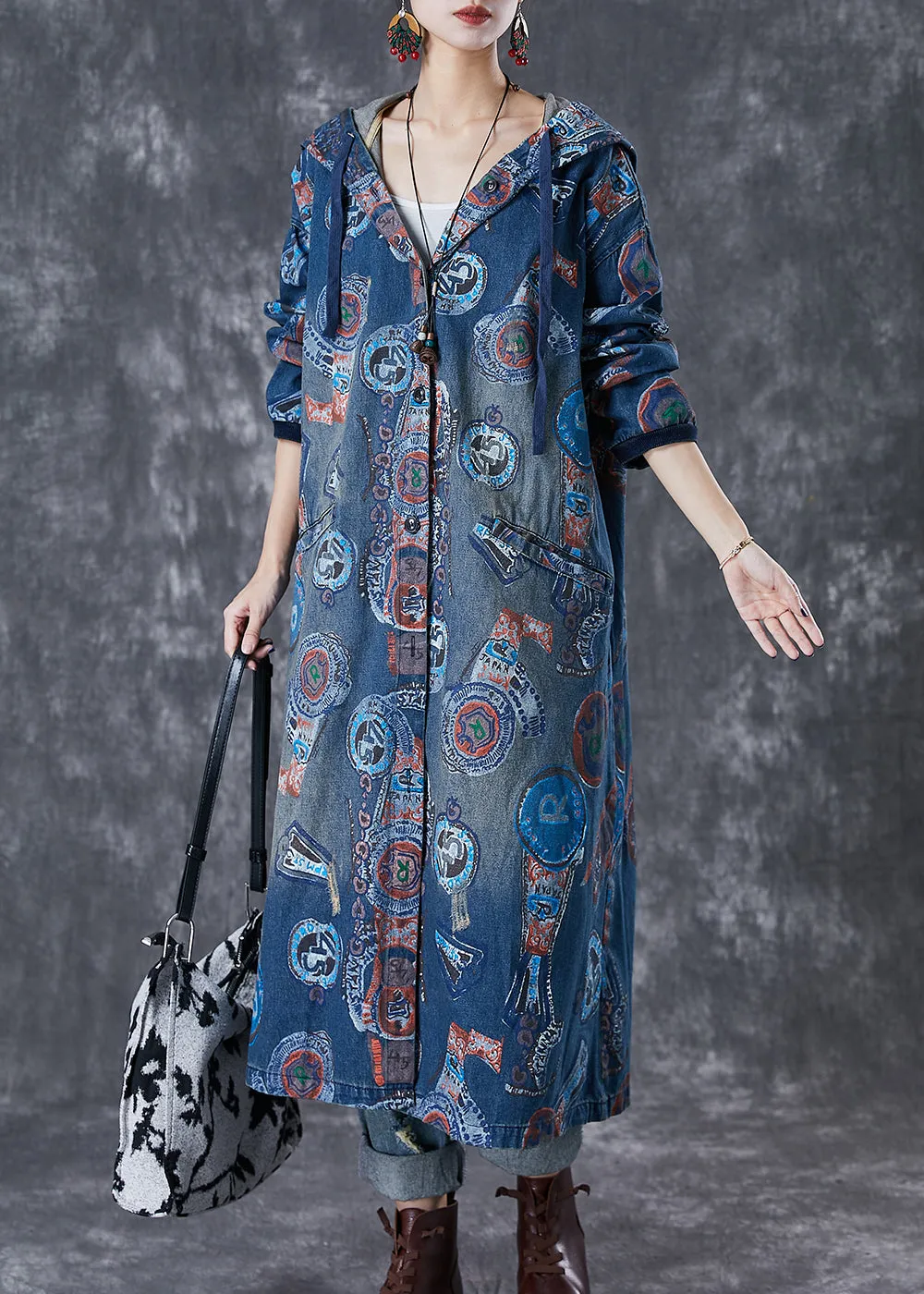 Art Navy Hooded Oversized Print Cotton Trench Coats Fall ML1848