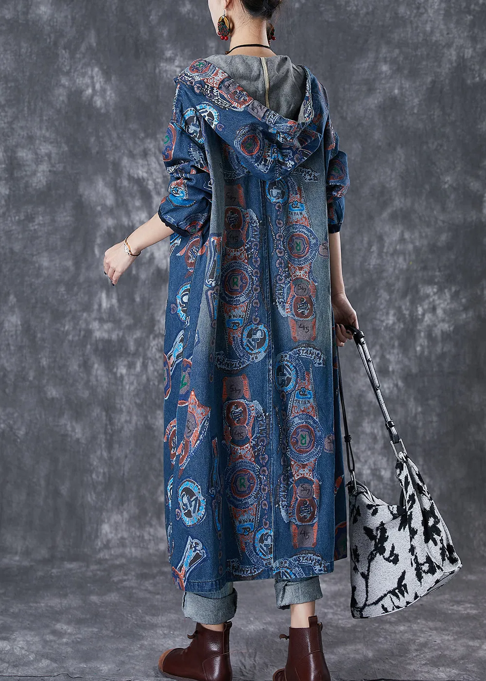 Art Navy Hooded Oversized Print Cotton Trench Coats Fall ML1848