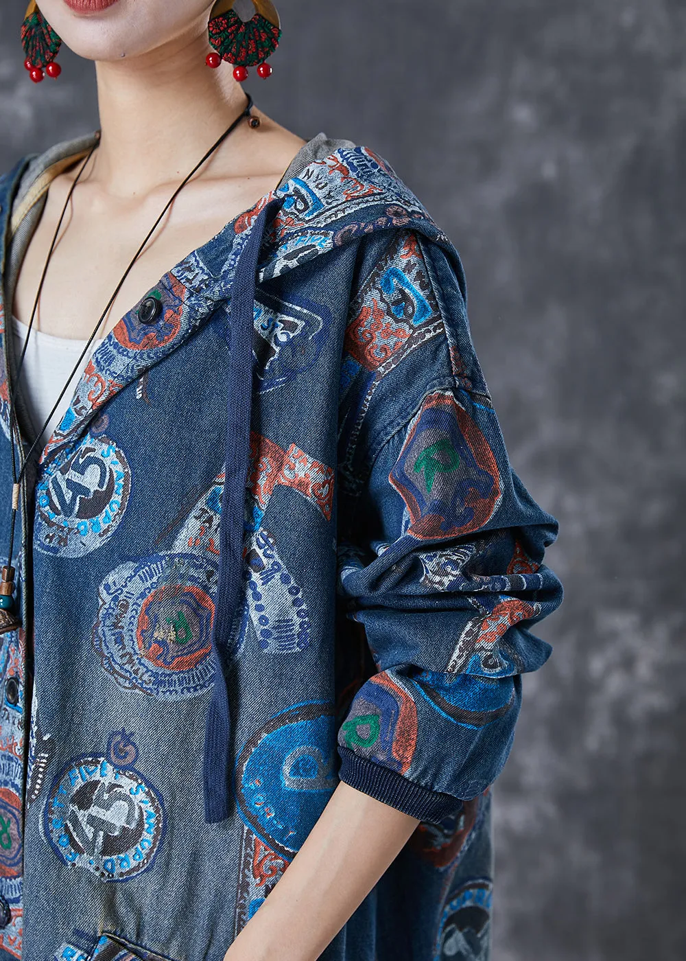 Art Navy Hooded Oversized Print Cotton Trench Coats Fall ML1848