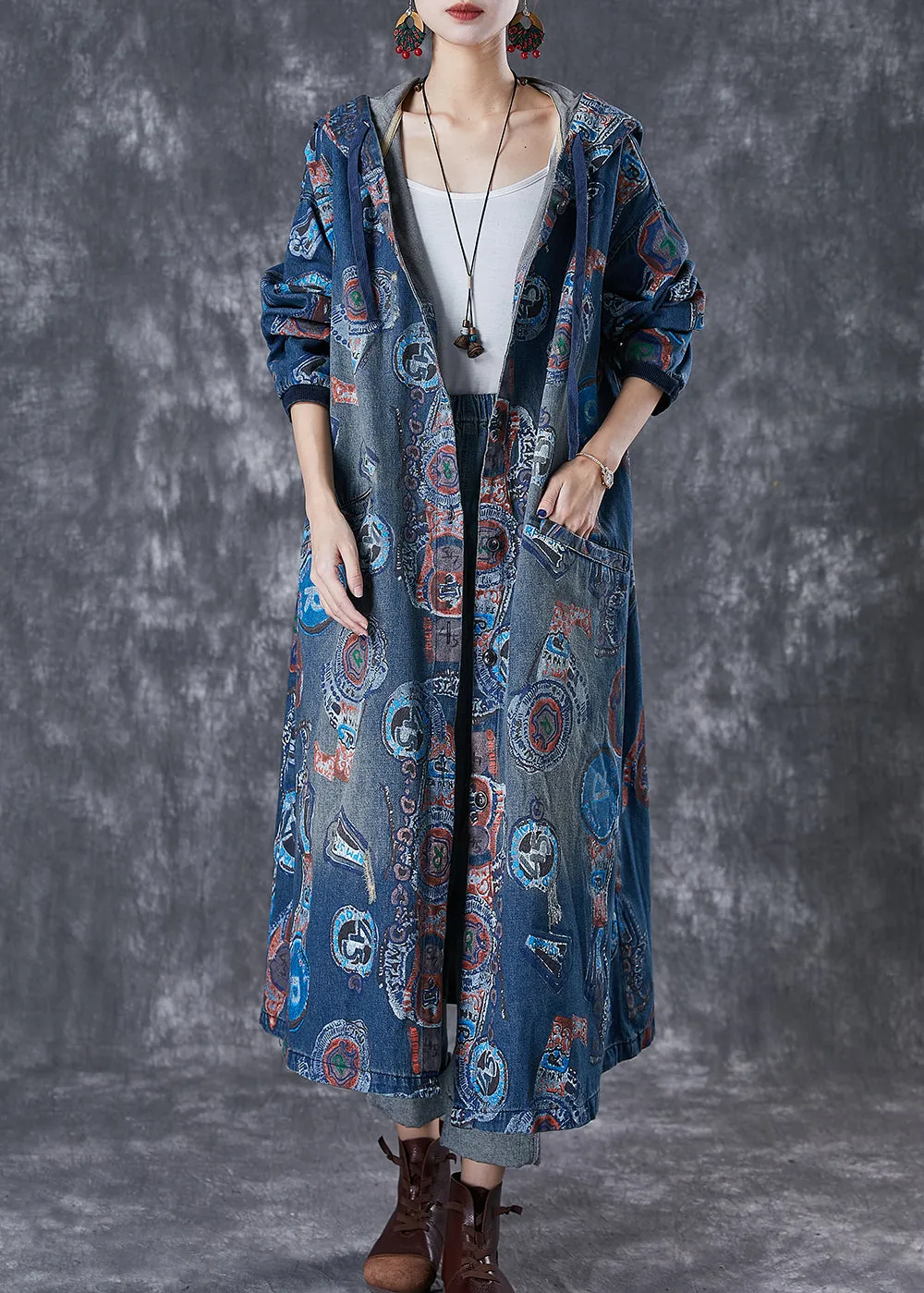 Art Navy Hooded Oversized Print Cotton Trench Coats Fall ML1848