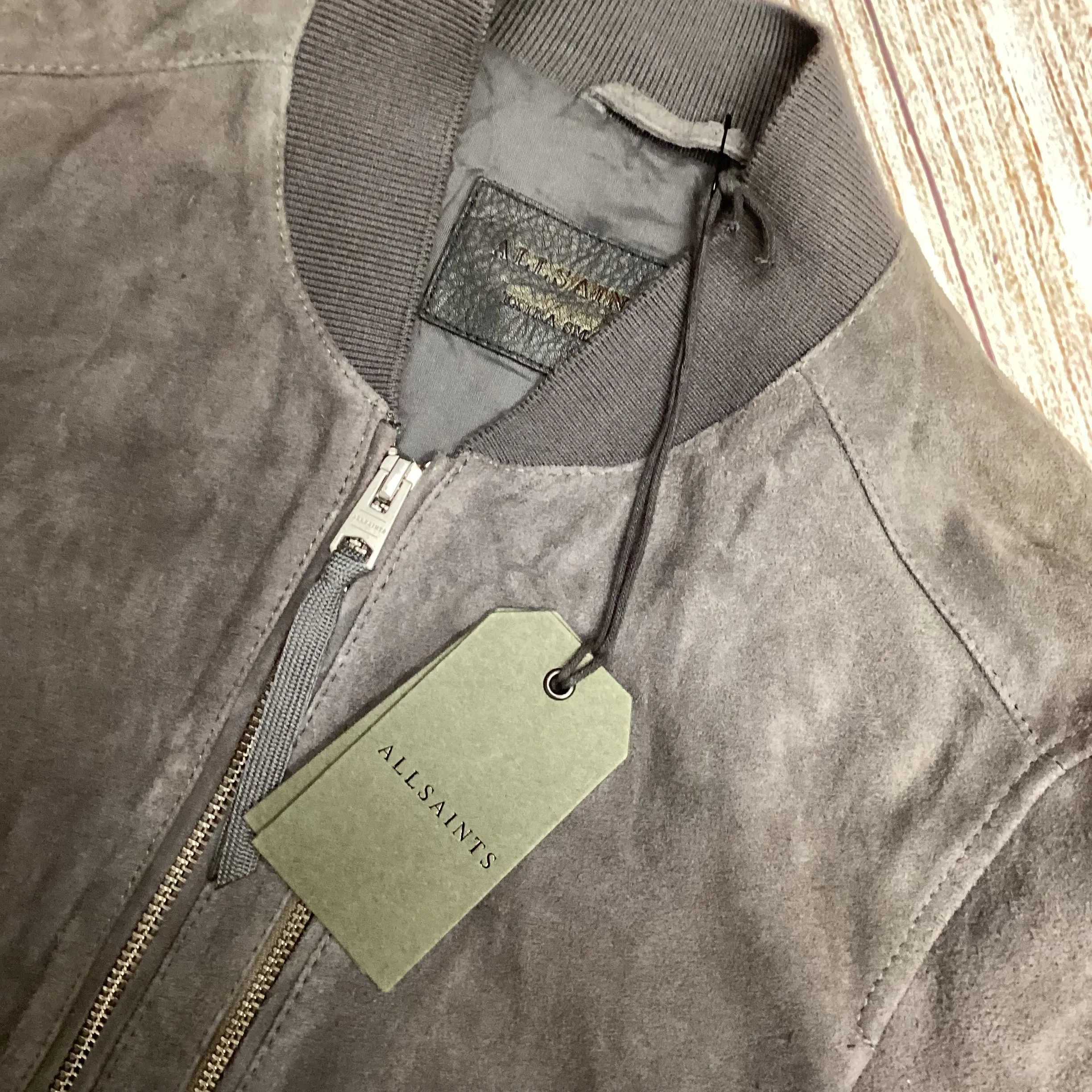 BNWT AllSaints Grey Kemble Suede Bomber Jacket Size XS