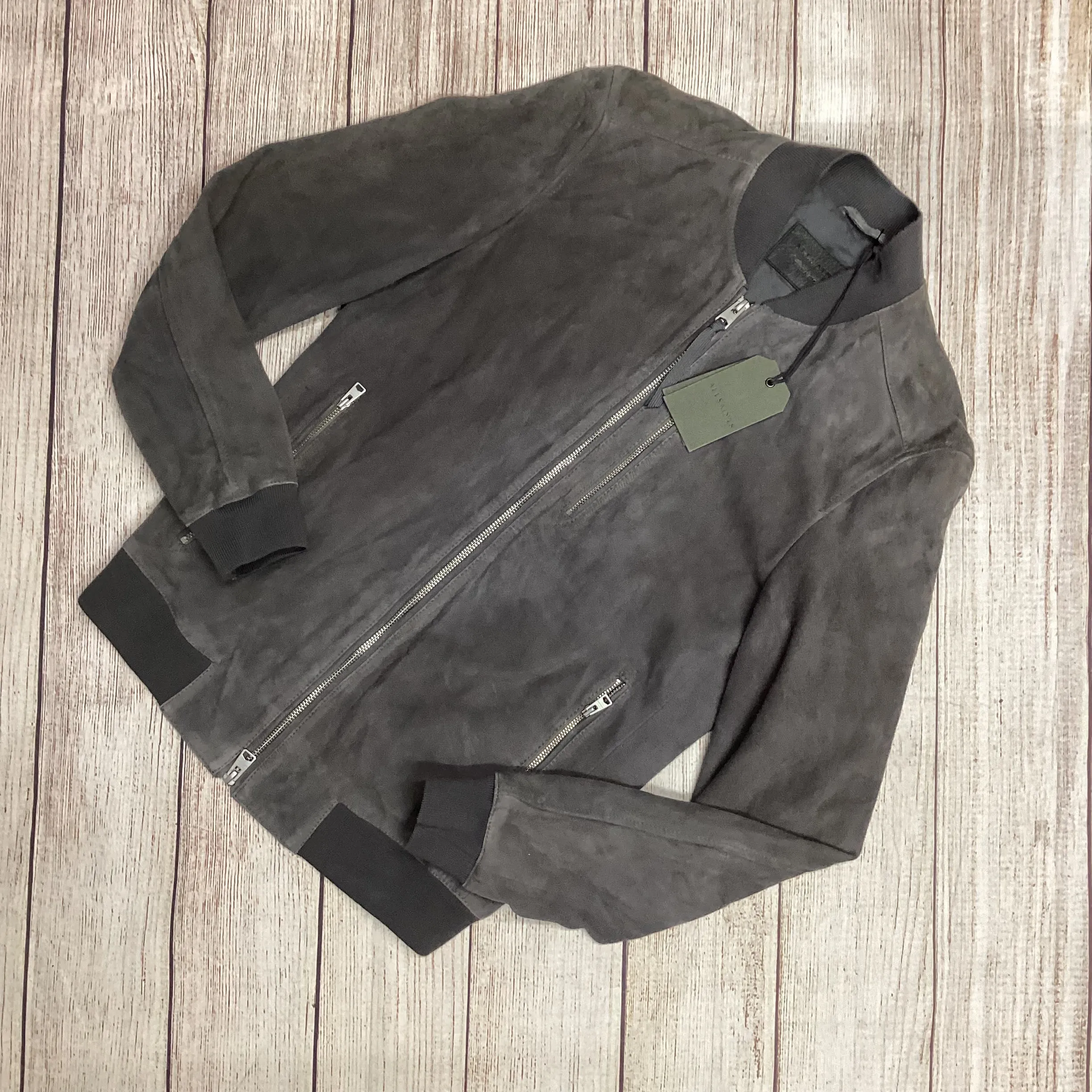 BNWT AllSaints Grey Kemble Suede Bomber Jacket Size XS