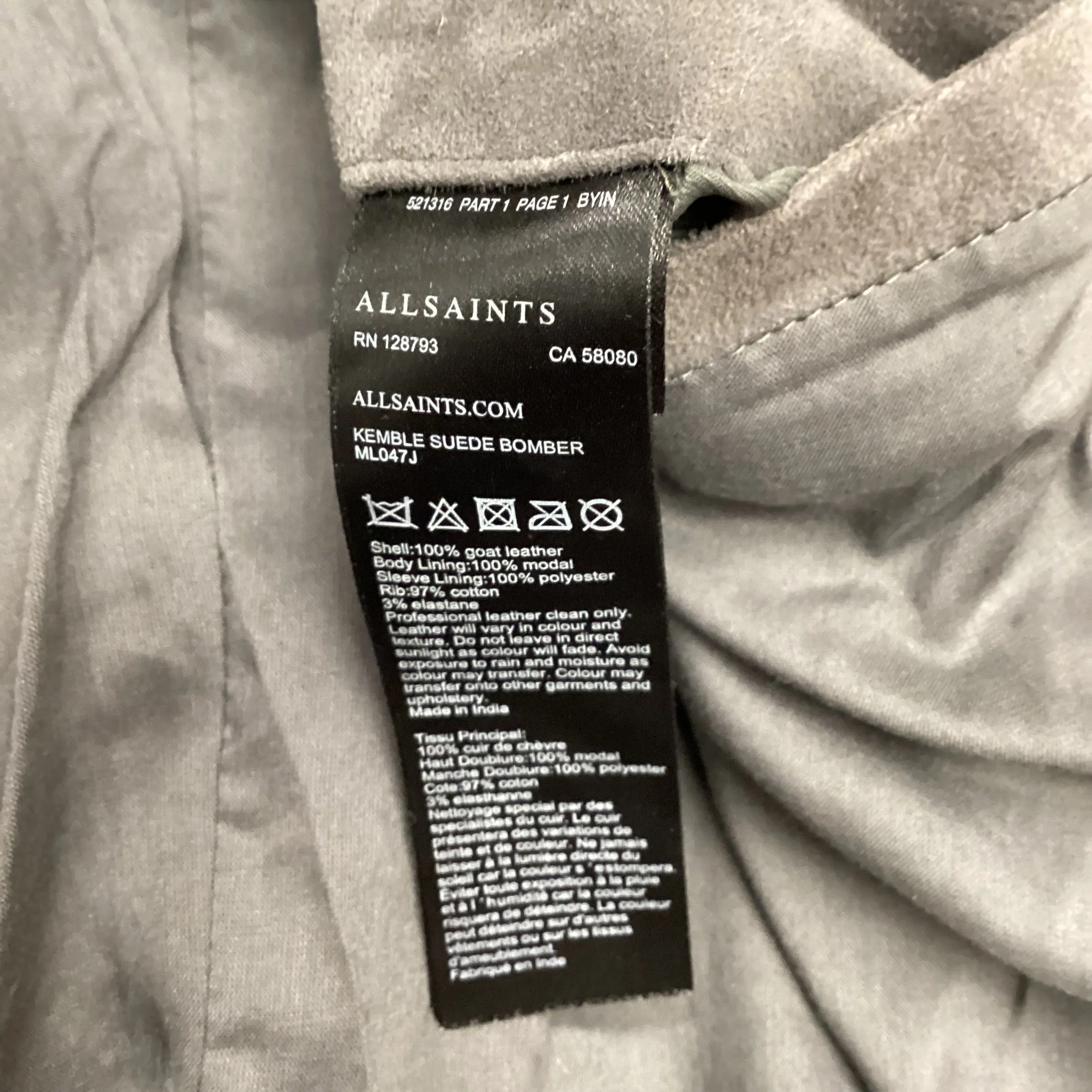 BNWT AllSaints Grey Kemble Suede Bomber Jacket Size XS