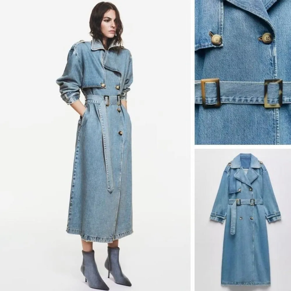 Denim Trench Coat With Adjustable Belt