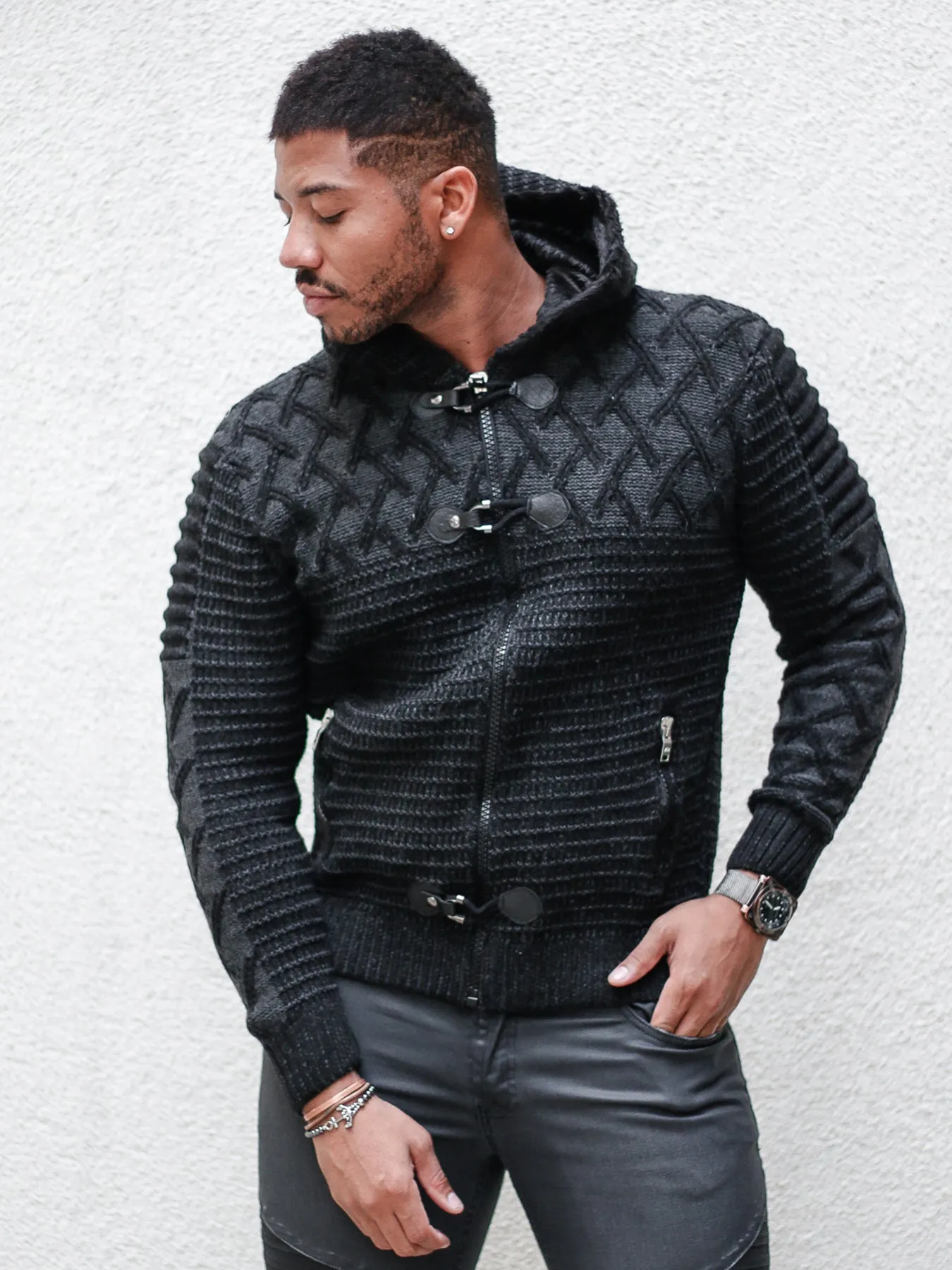 [Keith] Black Long Sleeve Cross Pattern Hoodie