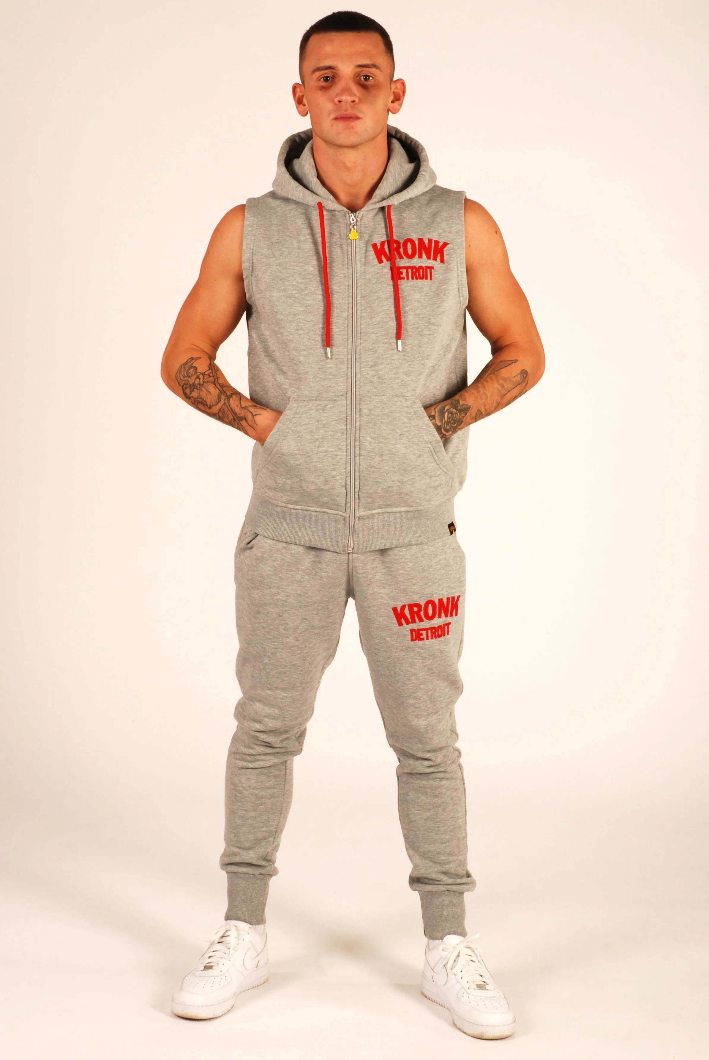 KRONK Detroit Applique Zip through Sleeveless Hoodie Sports Grey