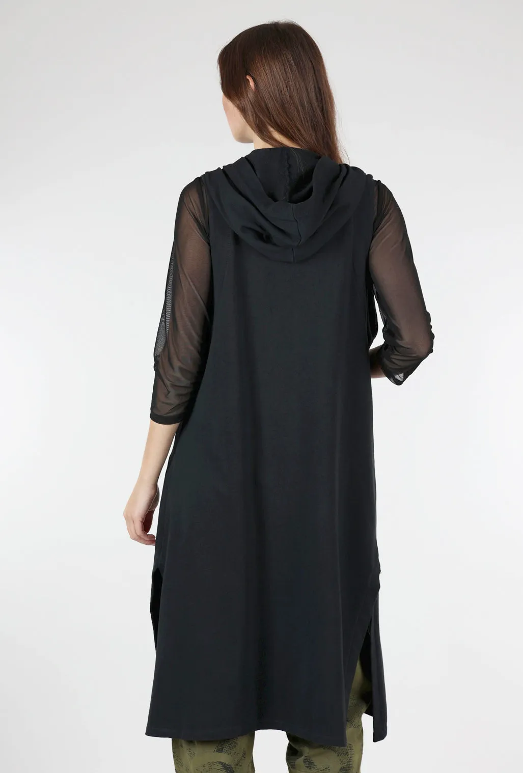 Long Hooded Zip-Up Vest, Black