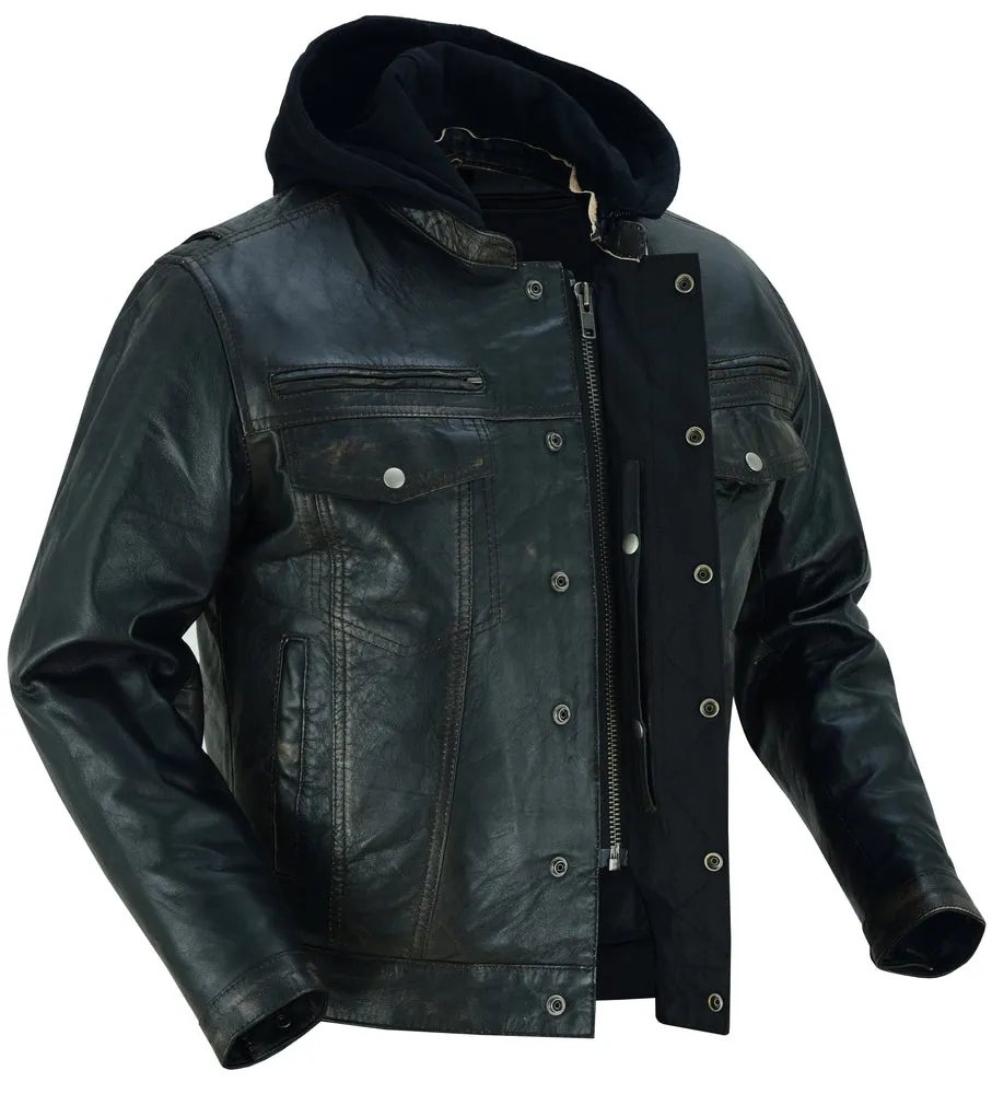Men's Black Lightweight Drum Dyed  Distressed Lambskin Jacket with Removable Hoodie
