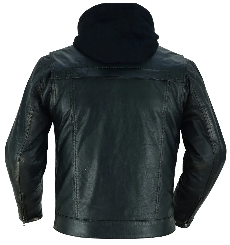 Men's Black Lightweight Drum Dyed  Distressed Lambskin Jacket with Removable Hoodie