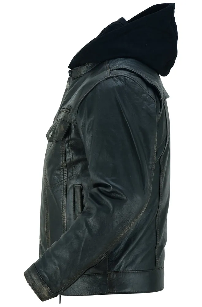 Men's Black Lightweight Drum Dyed  Distressed Lambskin Jacket with Removable Hoodie
