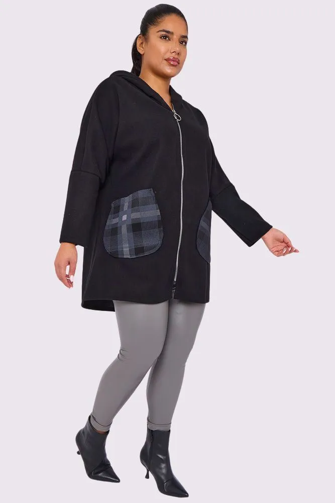 Plaid Pattern Zip Up Pockets Hooded Jacket