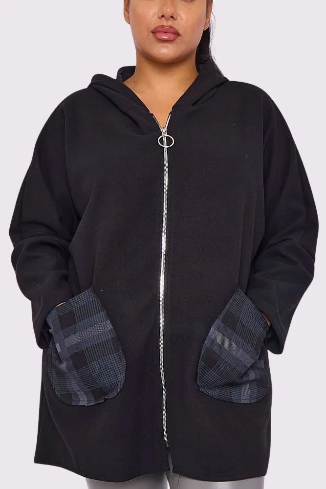 Plaid Pattern Zip Up Pockets Hooded Jacket