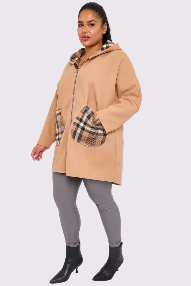 Plaid Pattern Zip Up Pockets Hooded Jacket