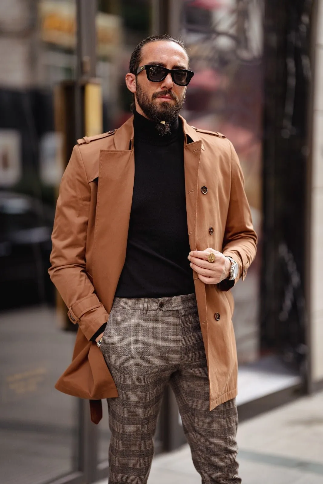 Slim Fit Special Design Wide Collar Trench Coat - Camel