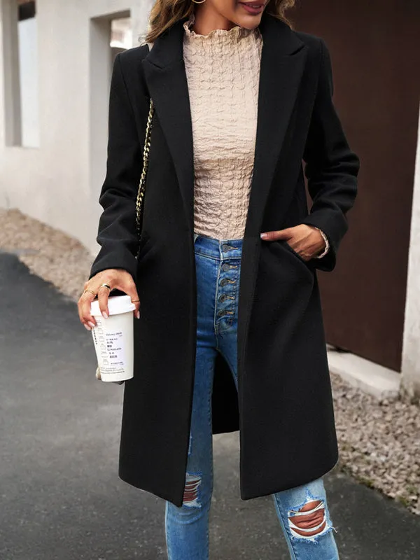 Solid Thick Wool Notch Lapels Trench Coat