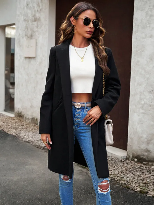 Solid Thick Wool Notch Lapels Trench Coat