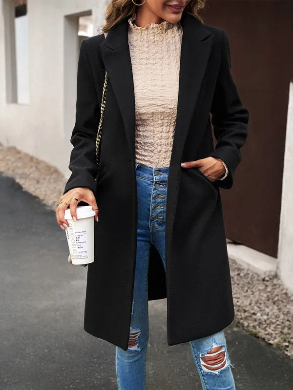 Solid Thick Wool Notch Lapels Trench Coat