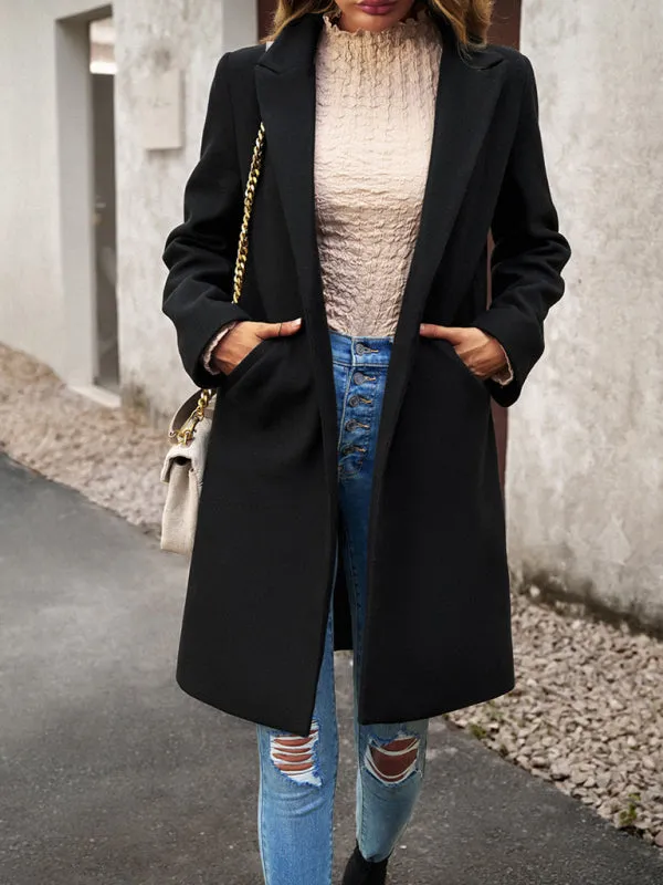 Solid Thick Wool Notch Lapels Trench Coat