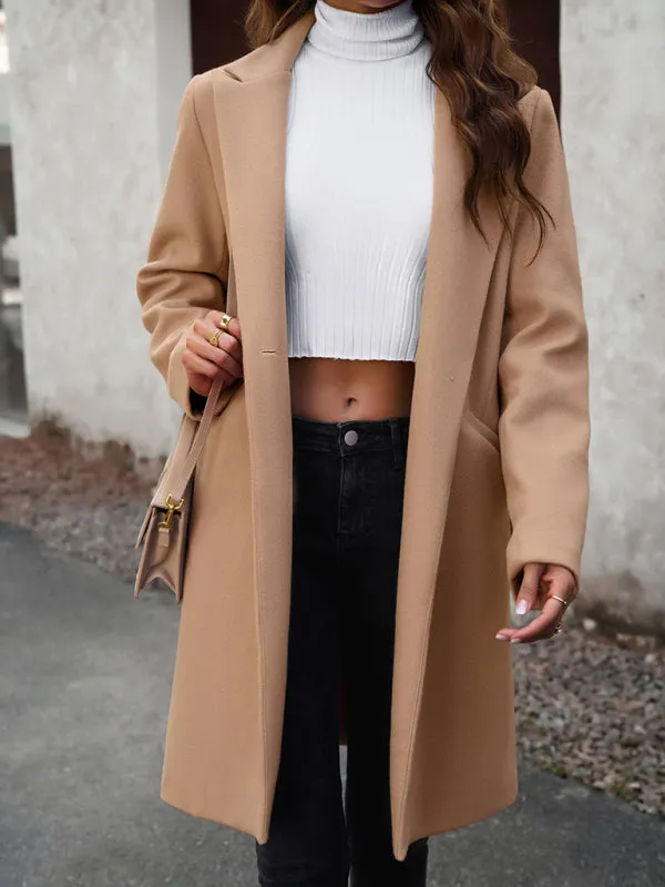 Solid Thick Wool Notch Lapels Trench Coat