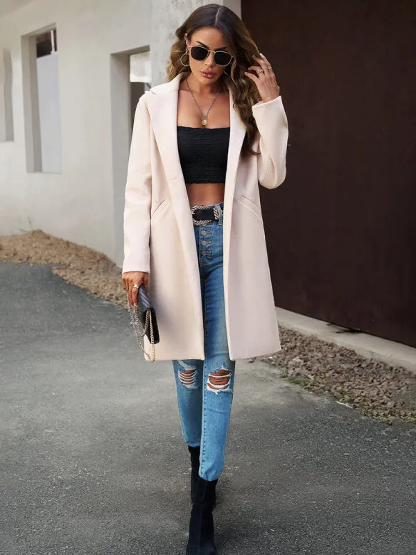 Solid Thick Wool Notch Lapels Trench Coat