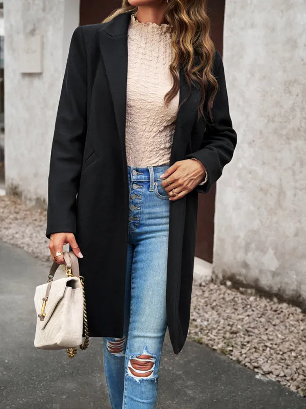 Solid Thick Wool Notch Lapels Trench Coat