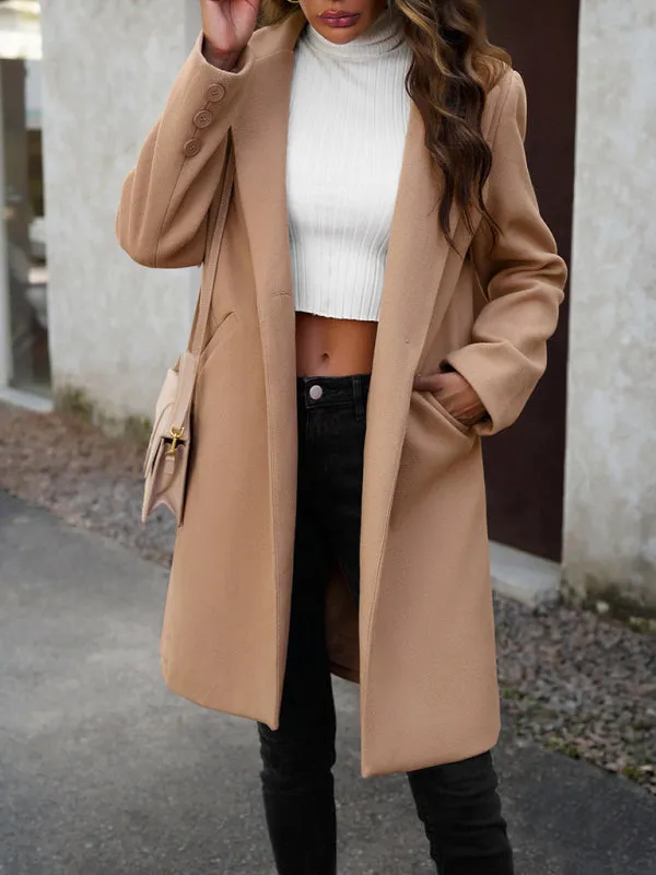 Solid Thick Wool Notch Lapels Trench Coat