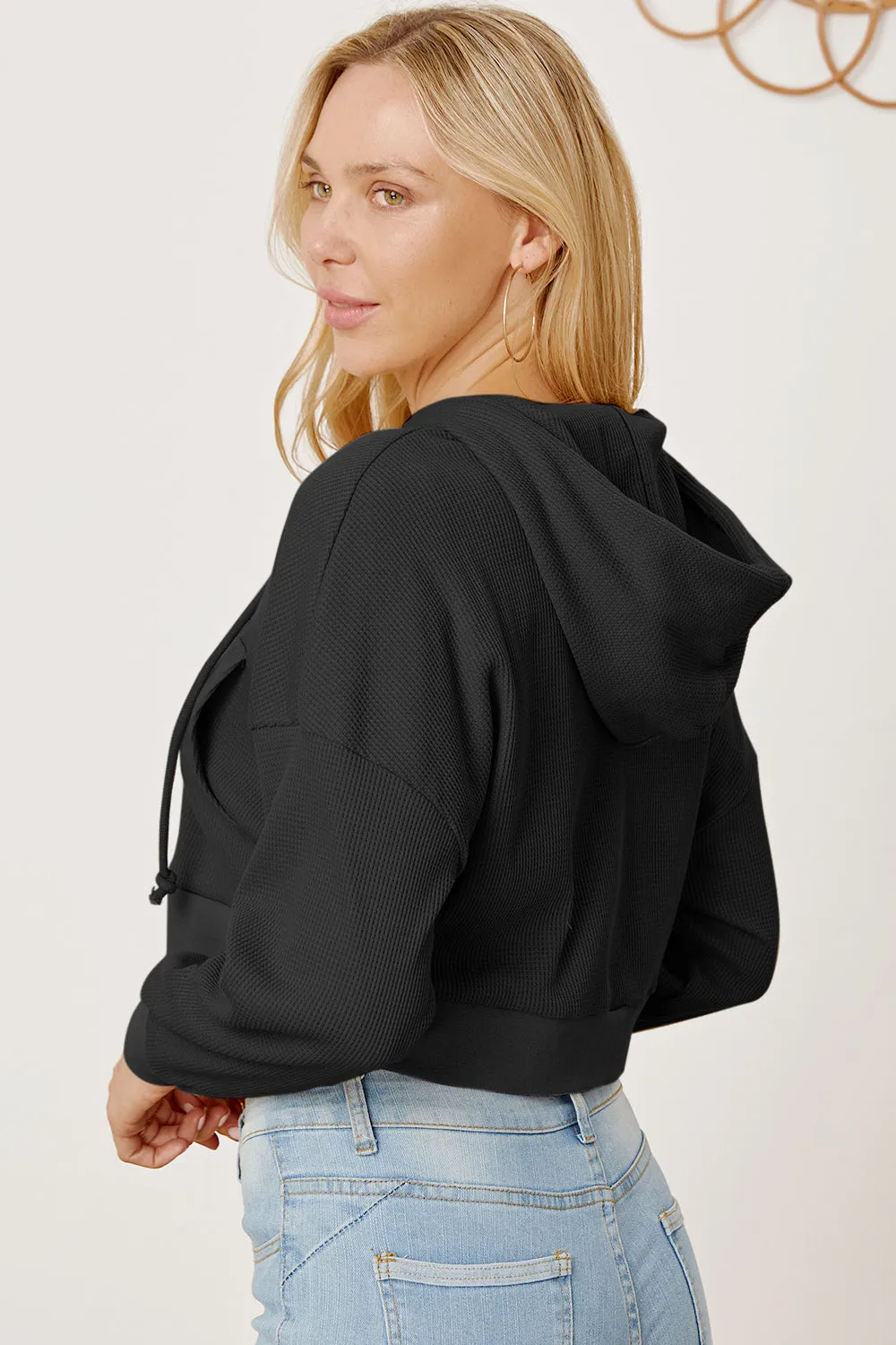 Waffle-Knit Drawstring Zip Up Hoodie